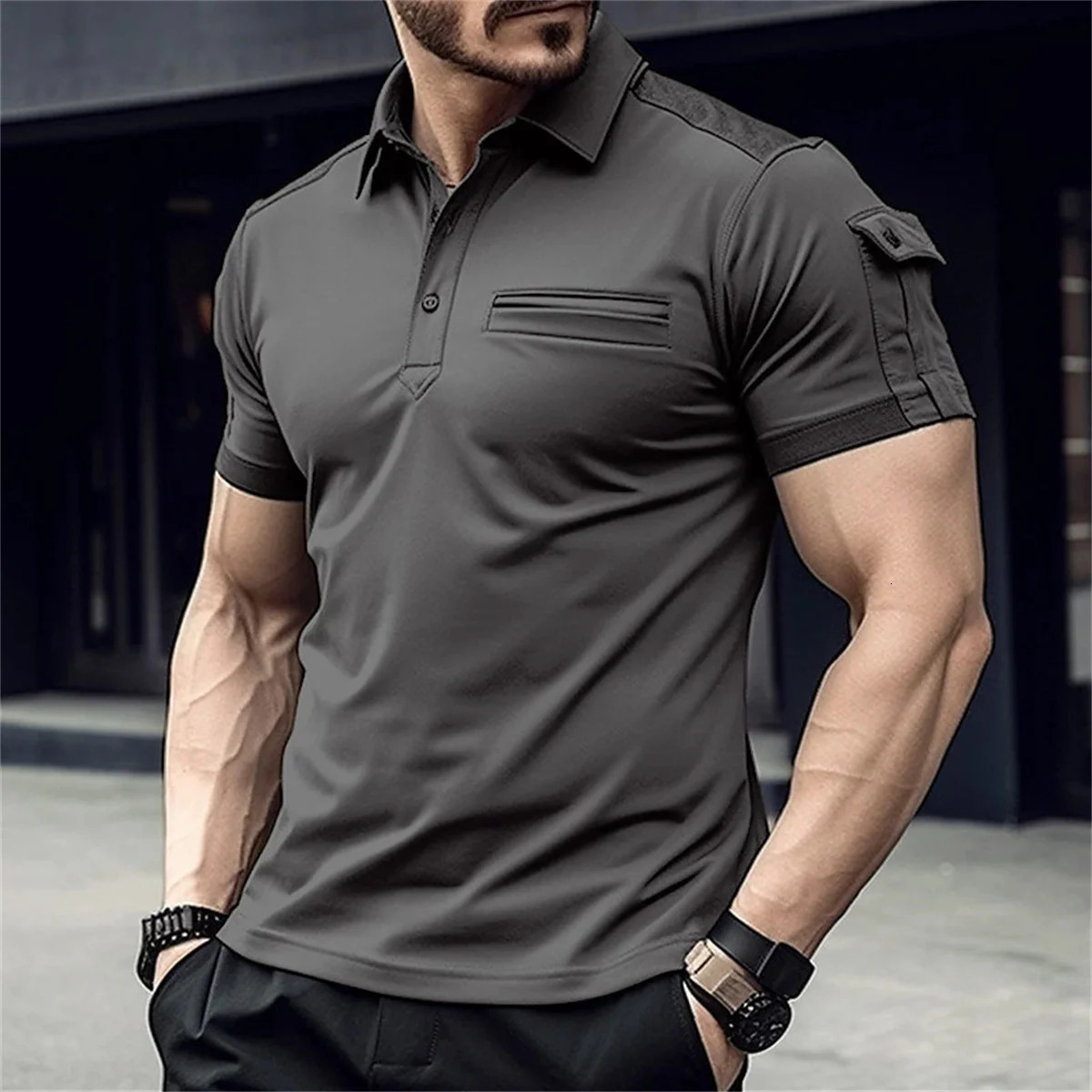 Mens Summer solid color Daily casual cargo Style Stitching Arm Pocket n slim lapel shortSleeved muscle Sports Polo shirt 260312