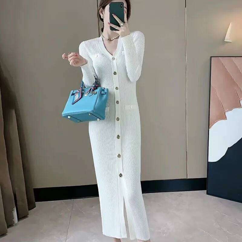 Autumn Winter Knitted Bodycon Midi Women Korean Slim V Neck Single Breasted Long Dress Woman Elegant Split Sweater Dresses Z260313
