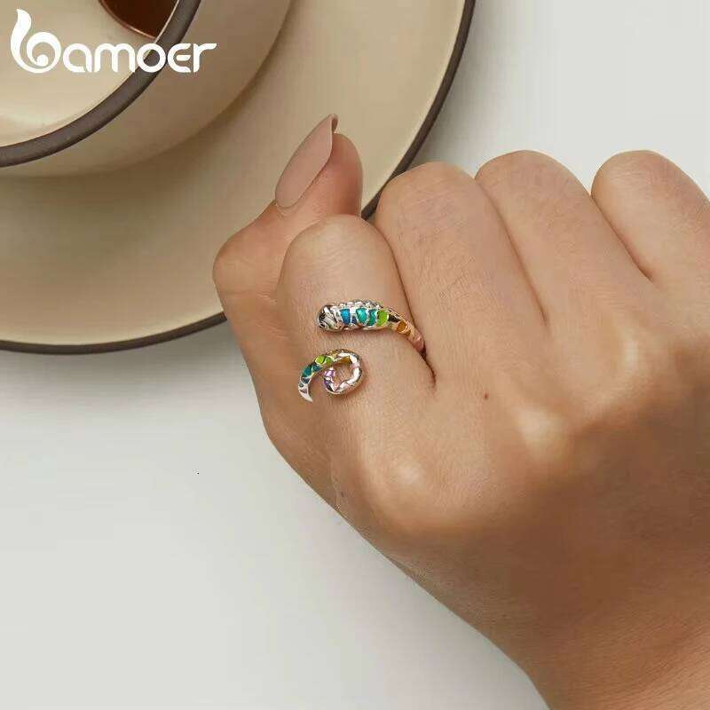 Bamoer 925 Sterling Silver Colorful Chameleon Opening Enamel Process Animal Adjustable Ring for Women Fine Jewelry H260312