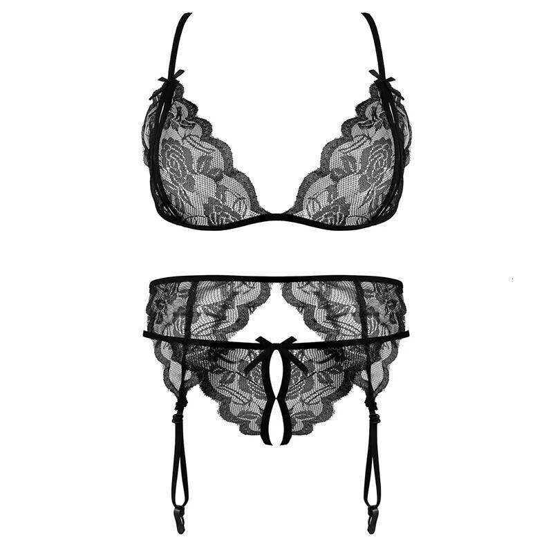 Lace Women Lingerie 4 Pcs Sling Open Sexy Wiht Garter Panties Push Up Bra Set Erotic Transparent Underwear Net Stockings