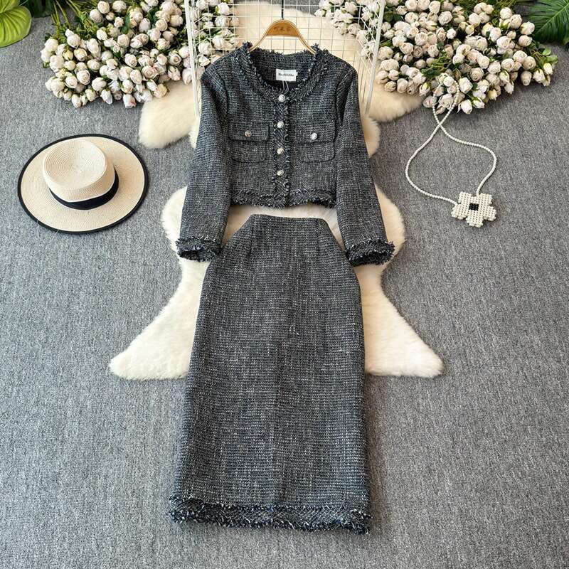 Ladies' Fashion Set Autumn/Winter Elegant a16 Style Floral Coat Two Piece Set High Waist Tight Skirt 2026