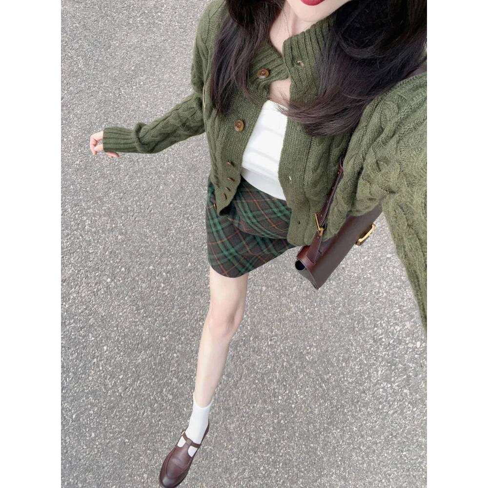 Knitted Cardigan Women Green Soft Vintage Sweaters Coats Tender Korean Fashion Daily High Street Girlish Autumn Z260313
