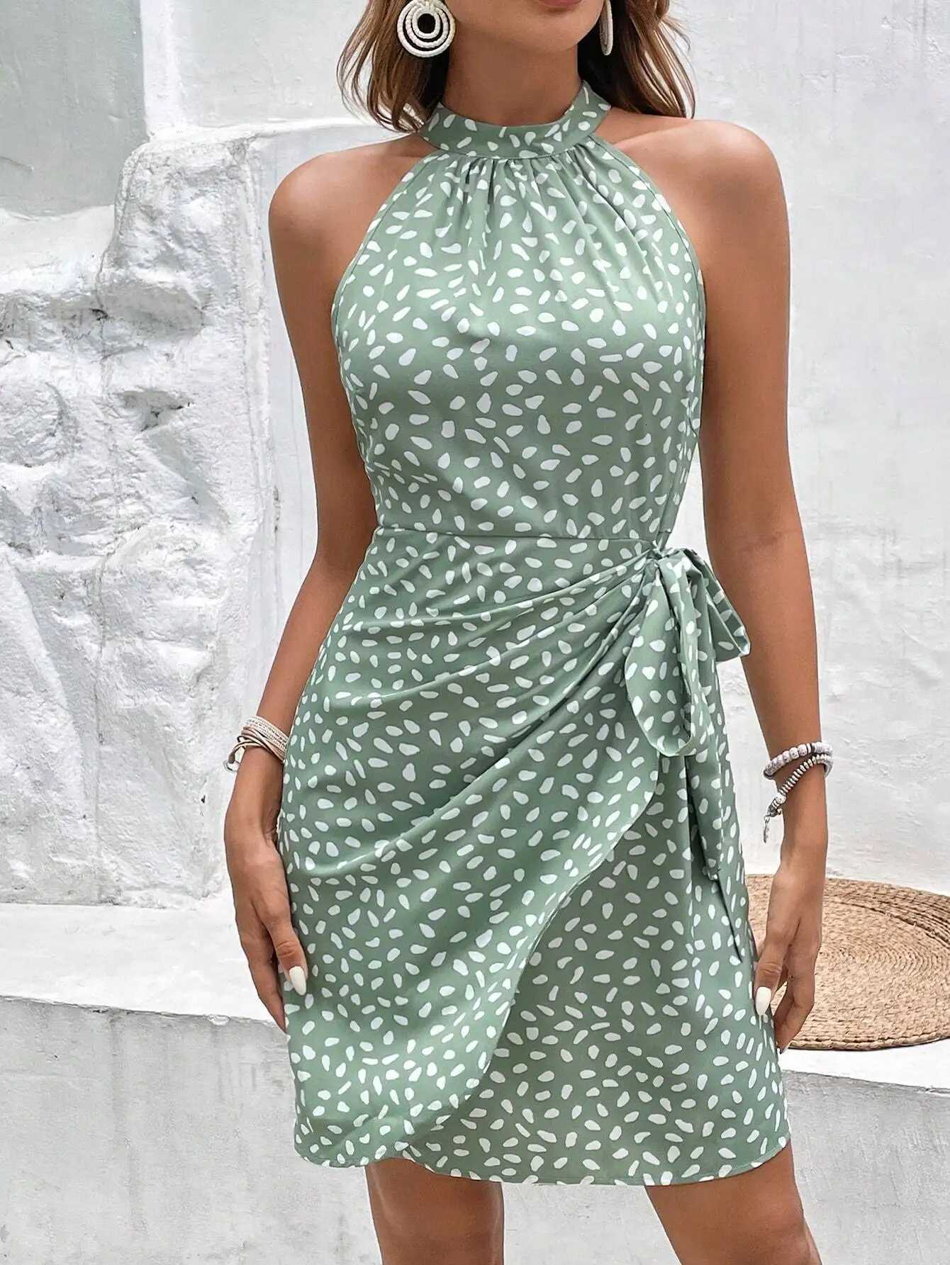 Womens Casual Halter Dress Sage Green Polka Dot Sleeveless Side Tie Wrap Mini Dress Spring Summer Beach Vacation Elegant DressT260314