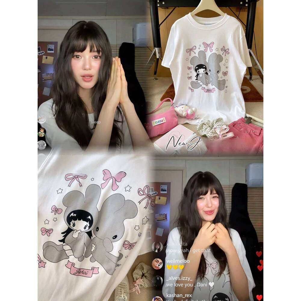 Cute and Sweet Bunny Girl Sweat-absorbent Print Top Women Clothing Graphic T Shirts Summer Streetwear Vintage Harajuku Z260314