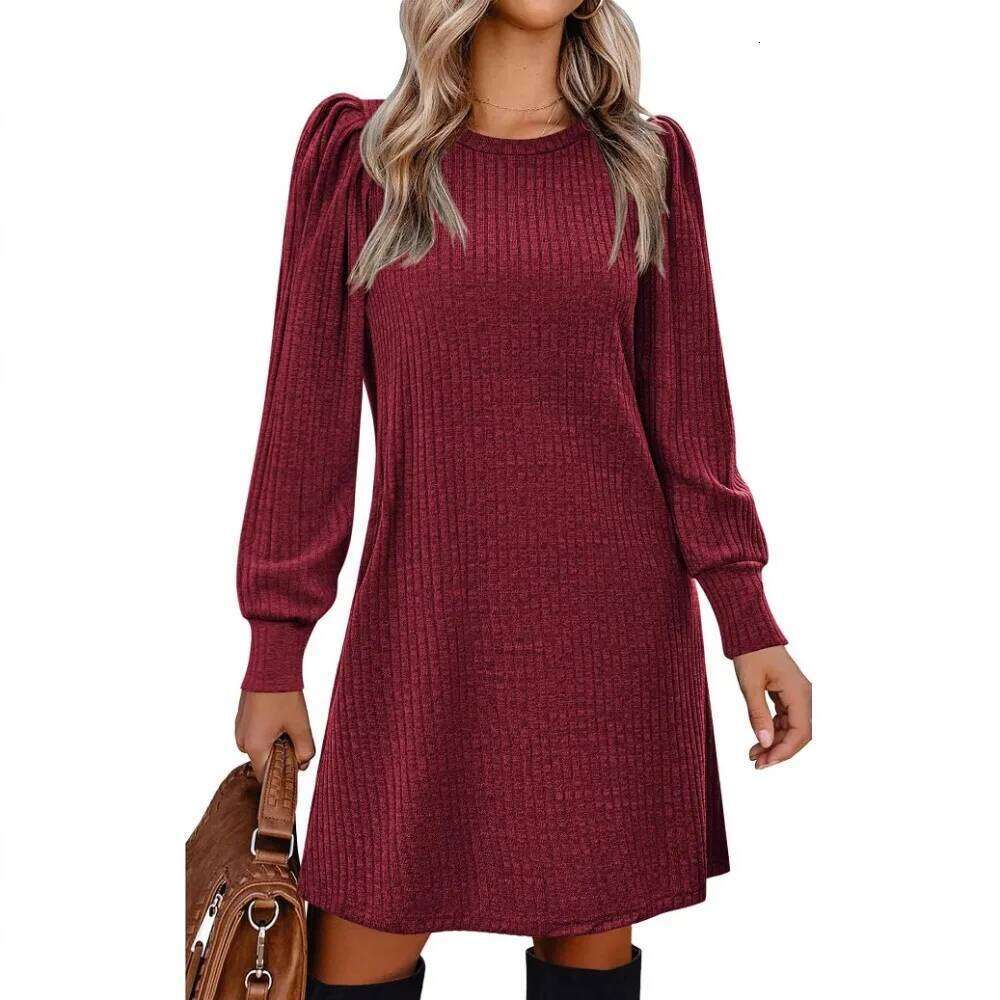 Women's Fall Winter Ribbed - Mock Neck Long Bubble Sleeve Dress for Date Night and Casual Elegance Z260313