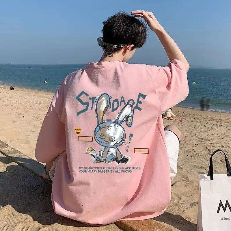 8XL Men Oversize Korean Fashion Loose American Love Puppet Rabbit Print Short Sleeve Round Neck Versatile Trend Couple outfit Z260314