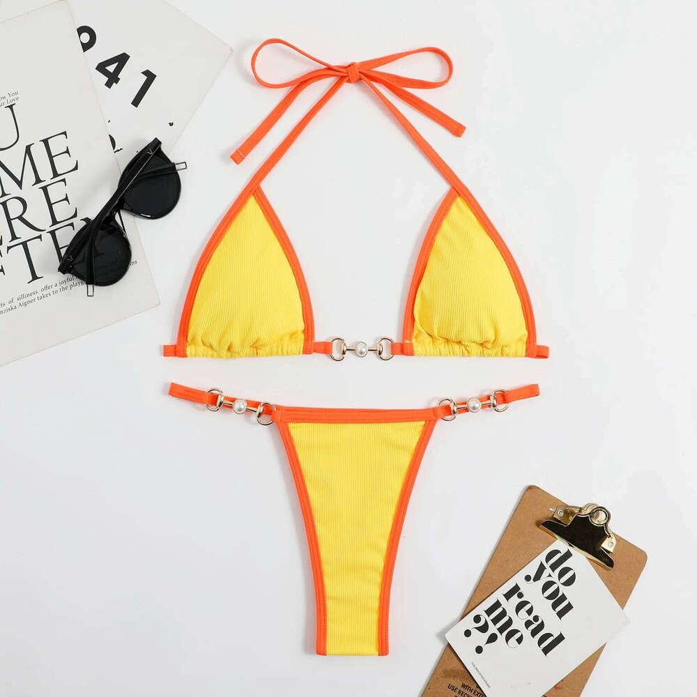 Sexy Ribbed Bikini Set Micro Bikinis 2026 New Chain Swimsuit Women Swimwear Brazilian Bathing Suit Biquini White Orange Y260303