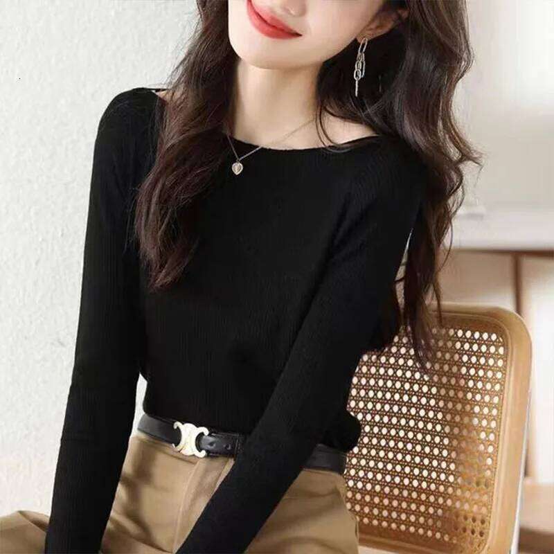 Women's Clothing Slash Neck Long Sleeve Knit Top Autumn New Elegant Fashion Solid Vertical Grain Sweaters Office Lady Chic Tops Z260313