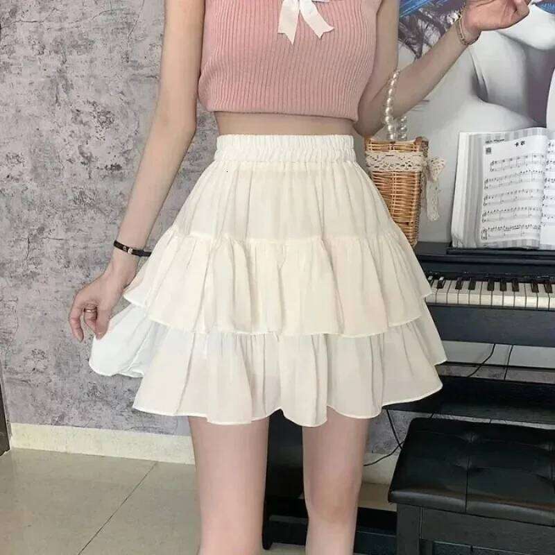 White Ruffles Mini Women Kawaii Elastic Waist A-line Loose Preppy Style Cute Short Pleated Skirt Korean Fashion Z260314
