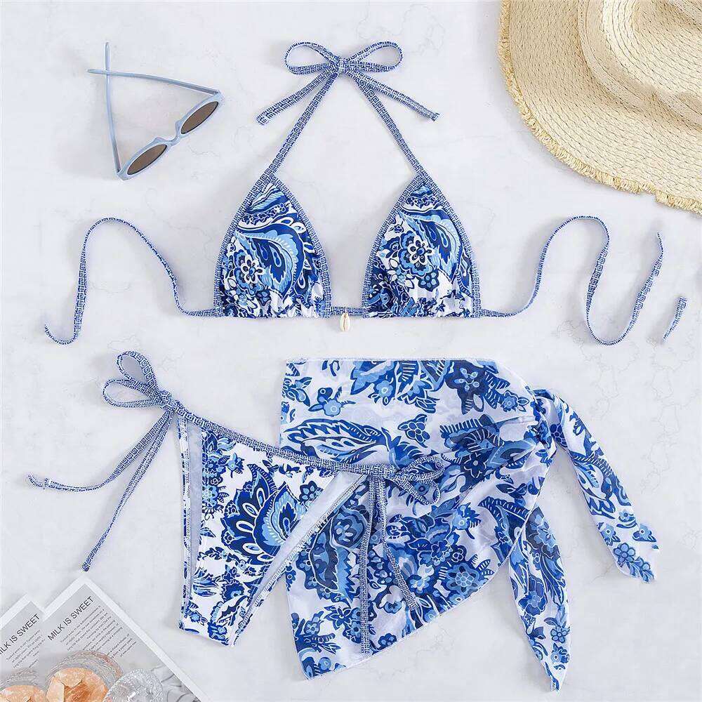 Vintage Blue Floral Print Swimwear Halter String Triangle 3 Piece Bikini Set Cover Ups Sexy Swimsuit Women 2026 Bikinis De Muejr Y260303