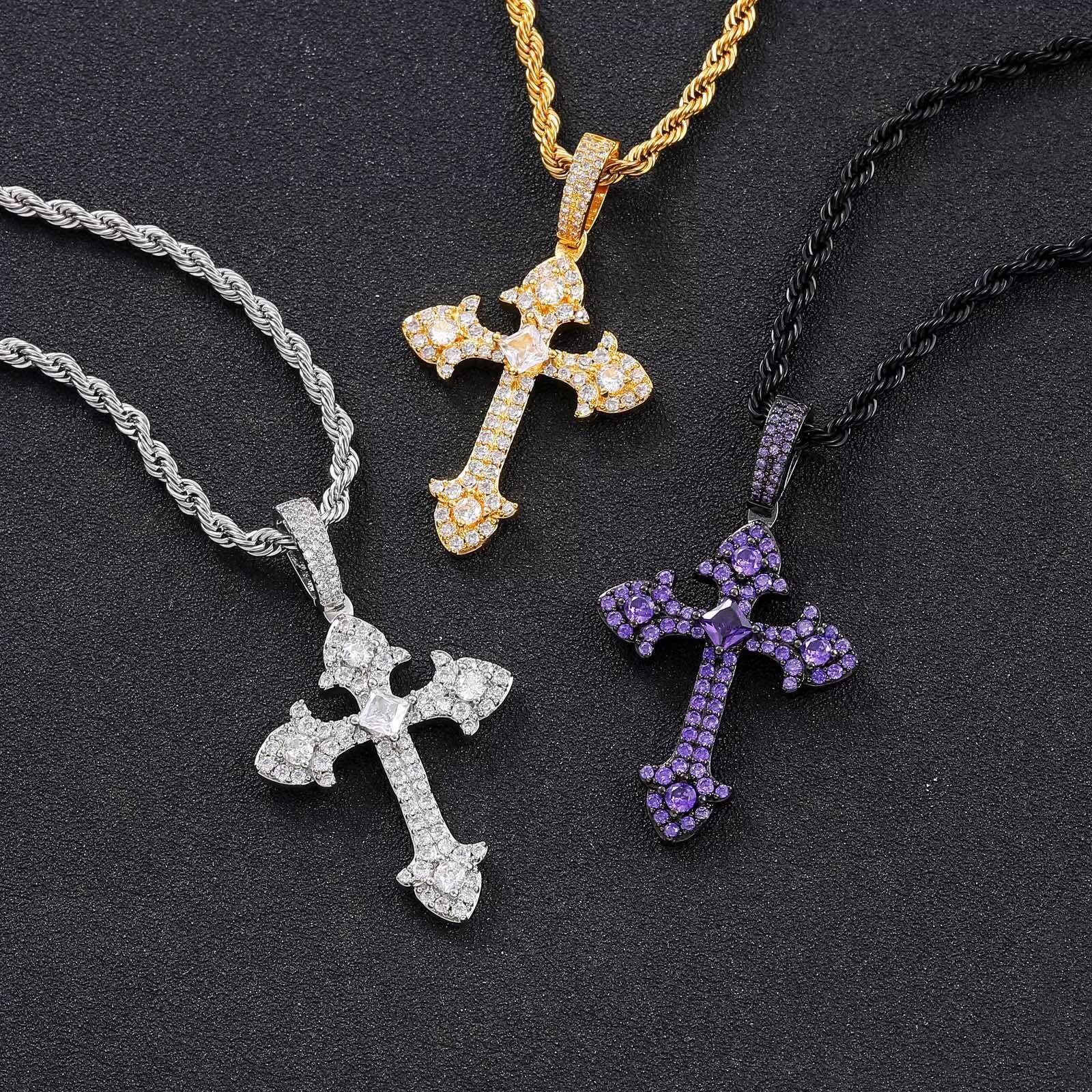 BES Micro-pave Moissanite VVSia S925 Vintage Cross Pendant Necklace Purple Tourmaline Moissanite VVS Pendant Hip Hop