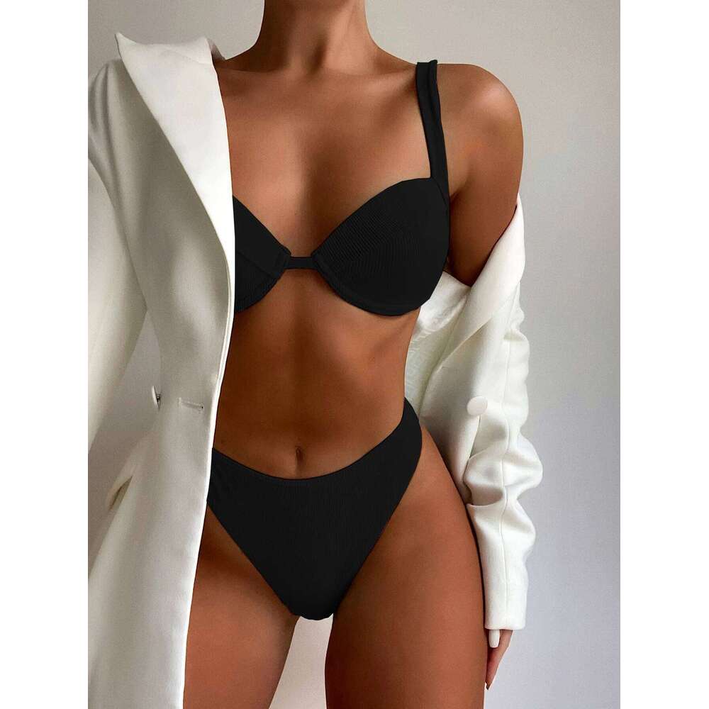 Women's High Waist Bikini, Underwire Padded Push Up Swimwear, Solid Black, White, Yellow, Green, Women Swimsuit, Bathing Suit Y260303