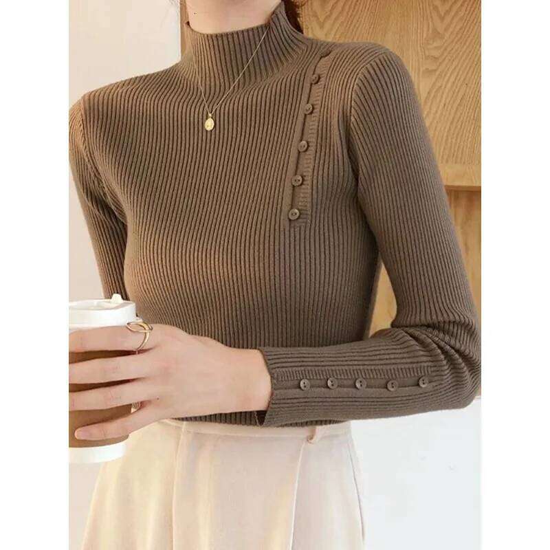 Women Knitted Sweater Long Sleeve Button Turtleneck Slim Pullovers for Autumn Winter Female Sweaters Soft Warm Bottoming Tops Z260314