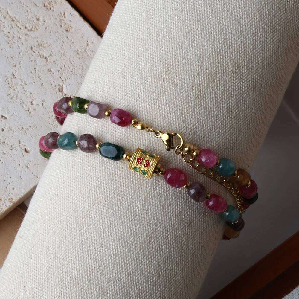 Bohemian Jewelry Natural tourmaline handmade beads Necklace Stainless Steel Tibet Adorned Pendant for Party Gift H260312