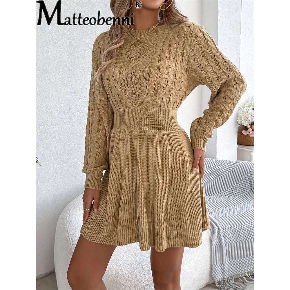 New Women's Autumn Winter Fashion O Neck Knitted Sweater Dress Female Casual Solid Lantern Long Sleeved Warm Mini Length Dresses Z260313