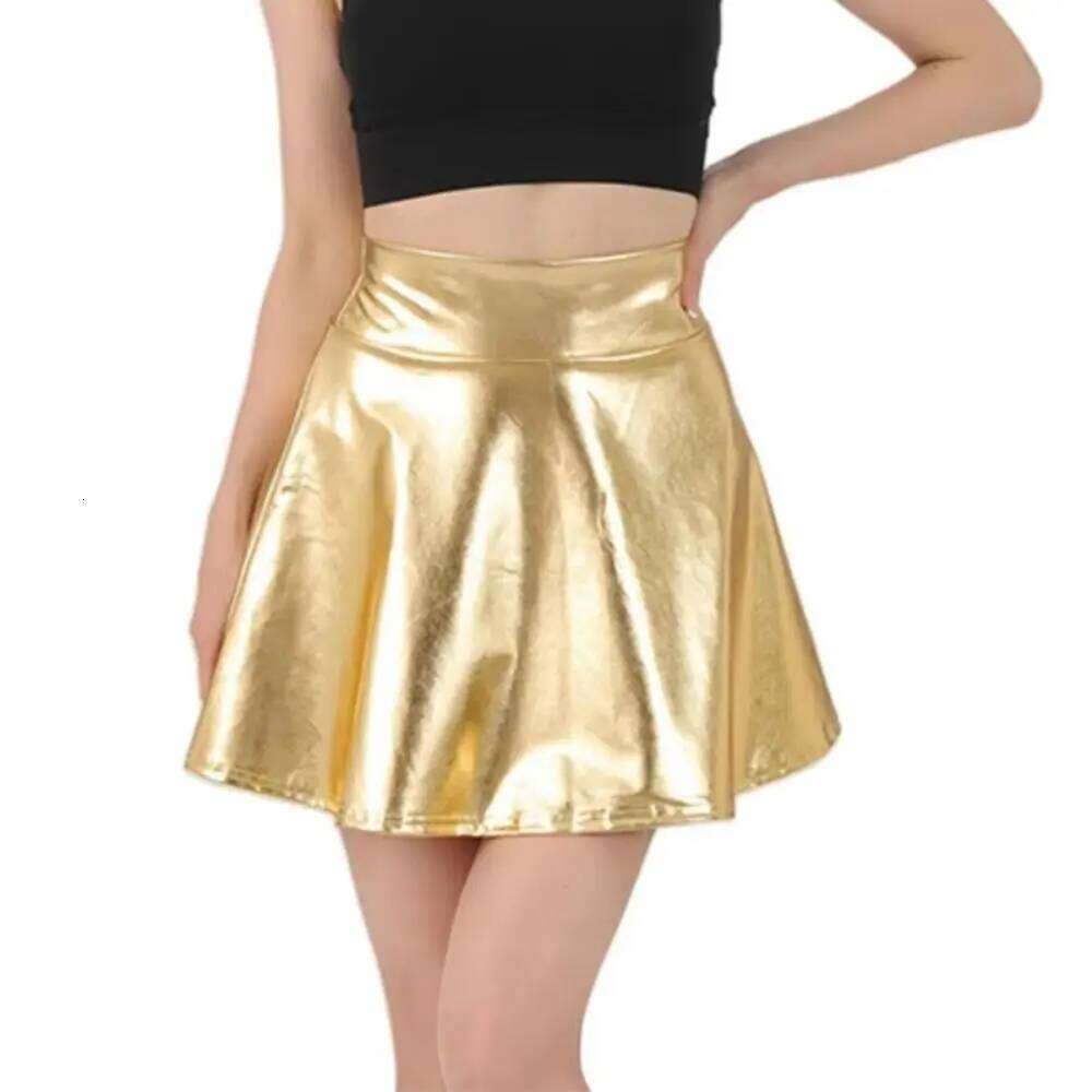 Elegant Metallic Pleated Gold Silver Retro A-line Elastic Flared Design Girls Short Mini Skirt Daily Wear Z260314