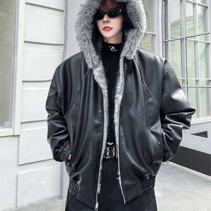Double-sided Wear Thickened Warmer Faux Fur Pu Leather Jacket Man Techwear Style Red Imitation Mink Hair Winter Coat Z260313