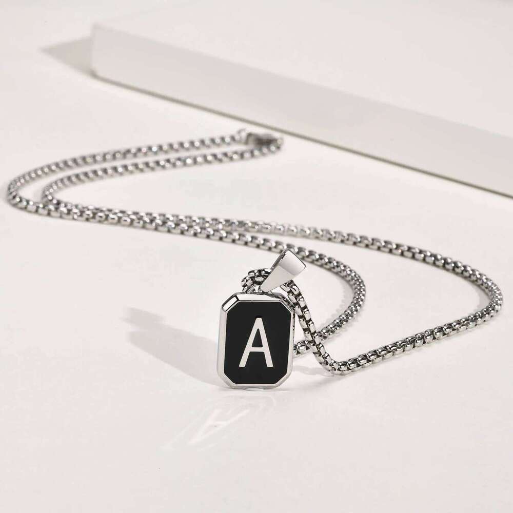 Stylish Initials Square Necklaces for Men Boys,A-Z 26 Letters Stainless Steel Pendant Collar Gifts,50/55/60/70cm H260312