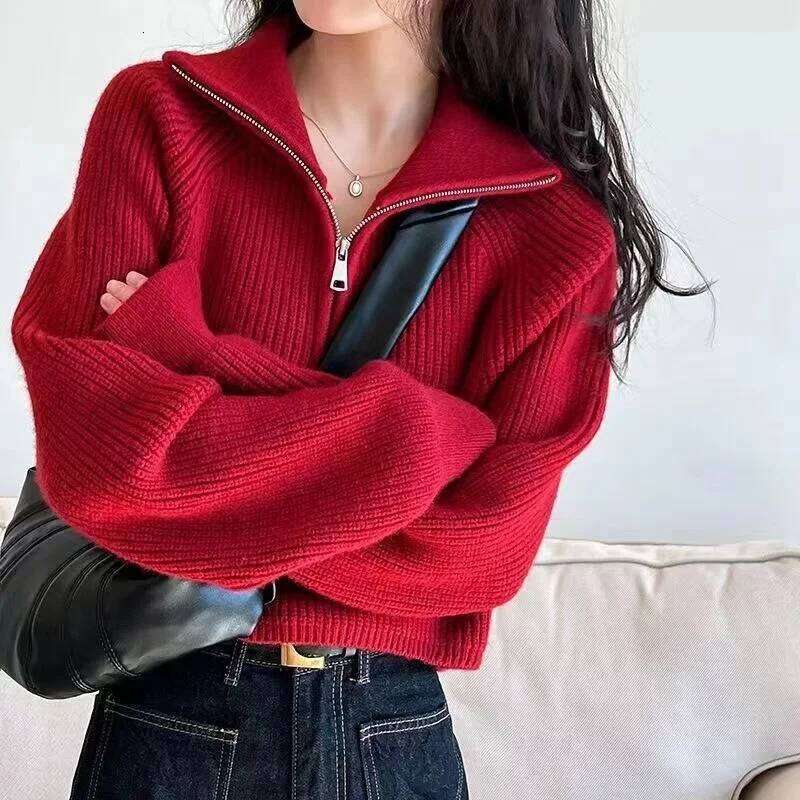 Women's New Spliced high-neck Zipper Knitted Loose Sweater Bottoming Style Long-sleeved Top Z260313