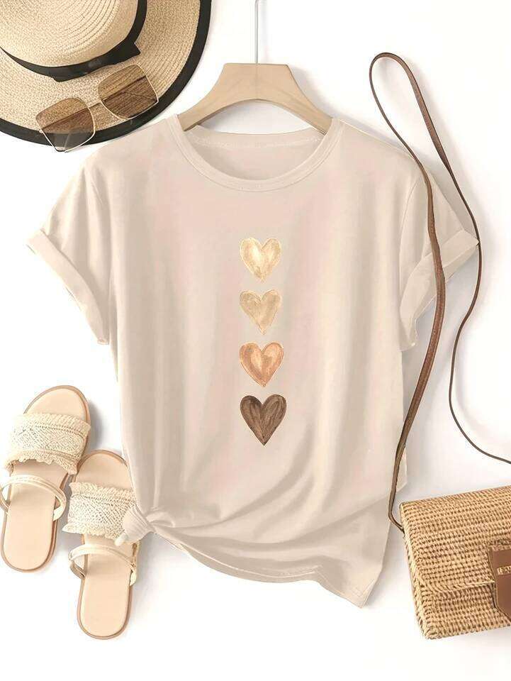 Women's Casual Short Sleeve with Four Heart Graphic Print - Black & Golden Medium Stretch Round Neck Novelty T-Shirt Z260314