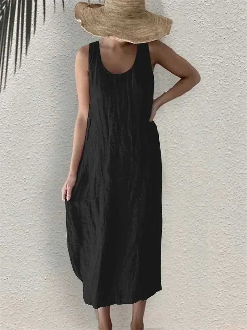 Women Comfortable Casual Cotton Linen Dresses 2024 Summer Solid Color Side Pockets Dress Female O Neck Pullover Sleeveless GownT260314