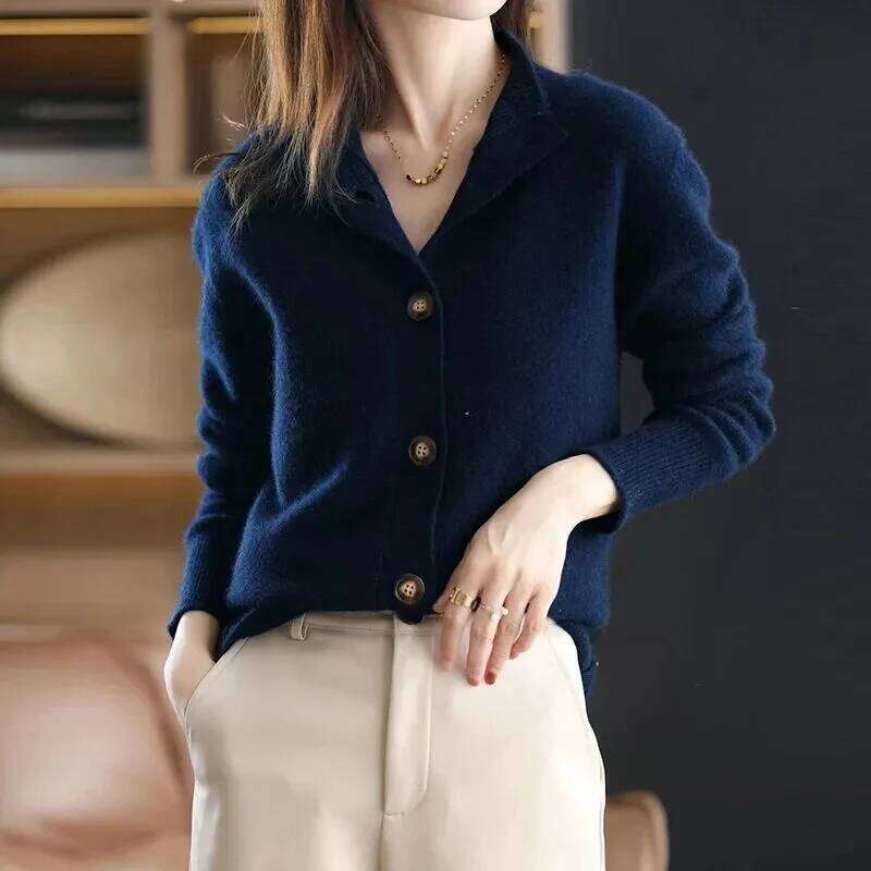 Autumn Winter New Stand collar Knitted Cardigan Solid Loose Short Jacket Women's Korean version Long sleeved Sweater Casual top Z260314