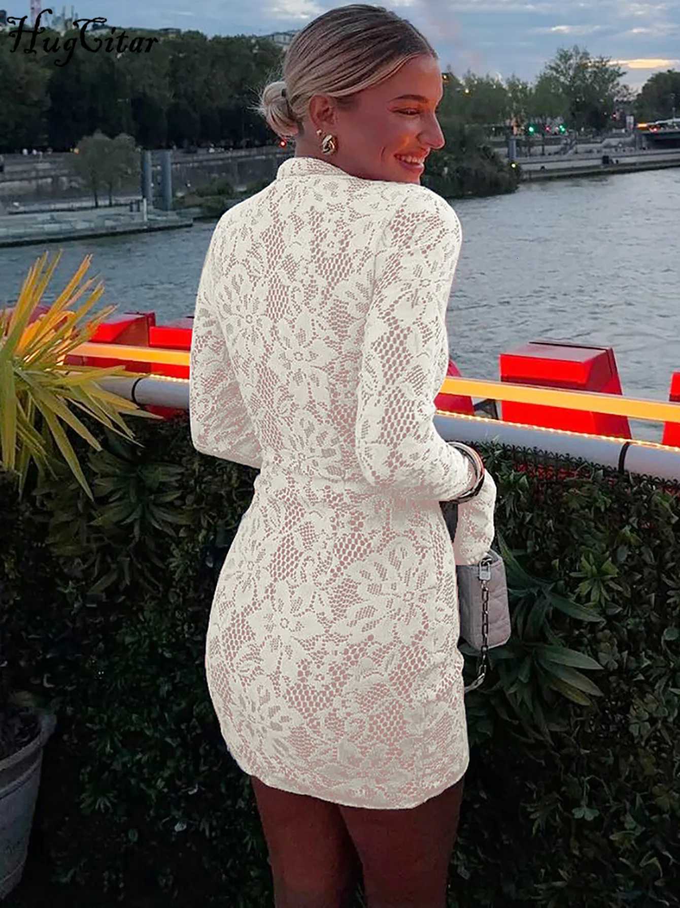 Hugcitar Turtleneck Long Flare Sleeve Patchwork Lace Hollow Out Button Sexy Mini Dress 2025 Spring Women Clothes Party NightclubT260316