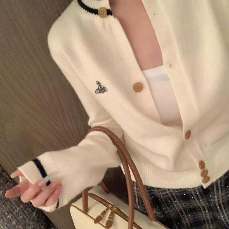Three-dimensional Embroidery Contrasting Color Knitted Cardigan Women's Mid-length Sweater Jacket Top Z260313
