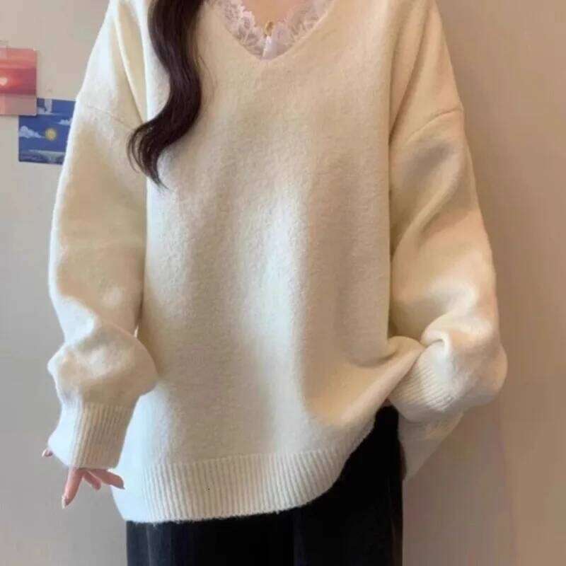 Elegant V-Neck Lace Patchwork Sweaters Women Fashion Office Lady Solid Loose-Fit Soft Knitted Pullover Z260313
