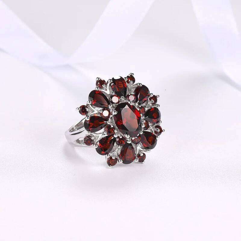 Hot Classic Silver Color Inlaid Garnet Red Zircon Flower Shape Ladies Banquet Ring Jewelry Whole Sale H260312