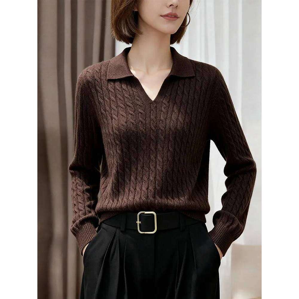 Long-sleeved cashmere sweater ladies winter new comfortable, fashionable and casual temperament lapel blouse sweater. Z260313