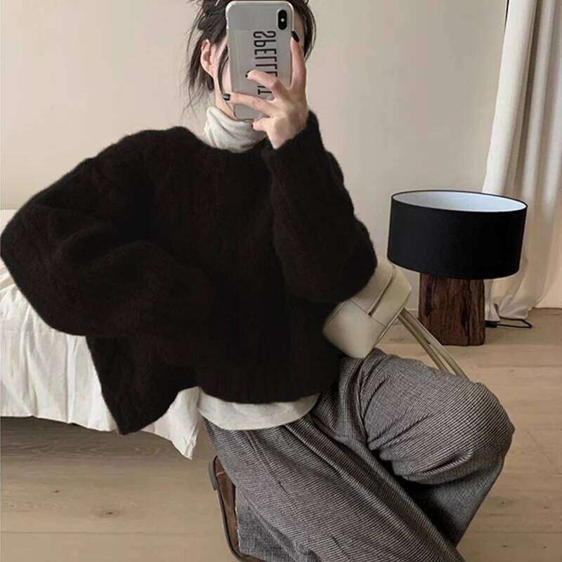 Autumn Winter Thicken Warm Cropped Knitted Pullover Women Japanese Twist Sweater Woman Lazy Style Baggy O-Neck Jumpers Z260313