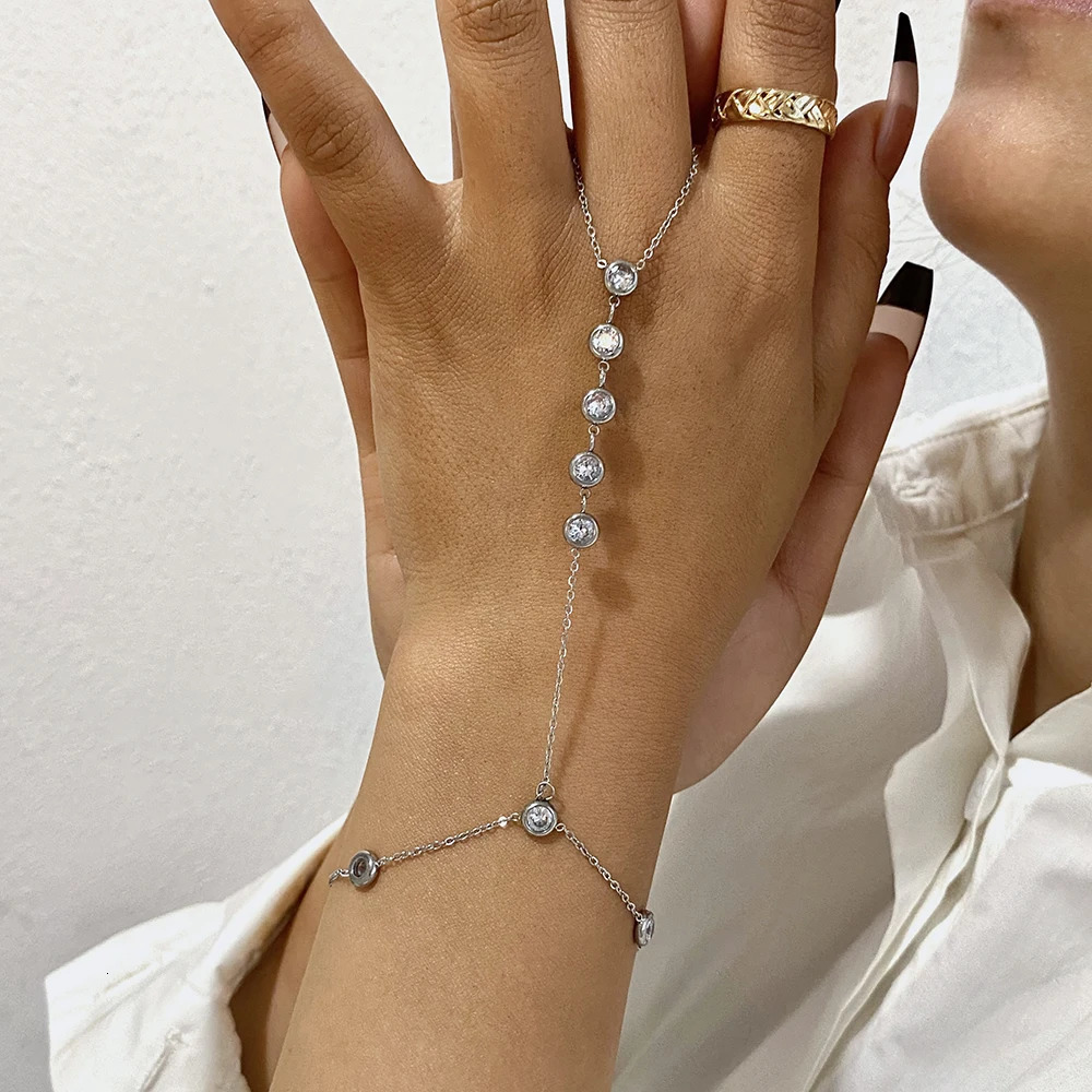 Zircon Beads Chain Bracelet for Women Link Connected Stainless Steel Silver Color Finger Ring Bracelets Hand Harness Jewelry 260313