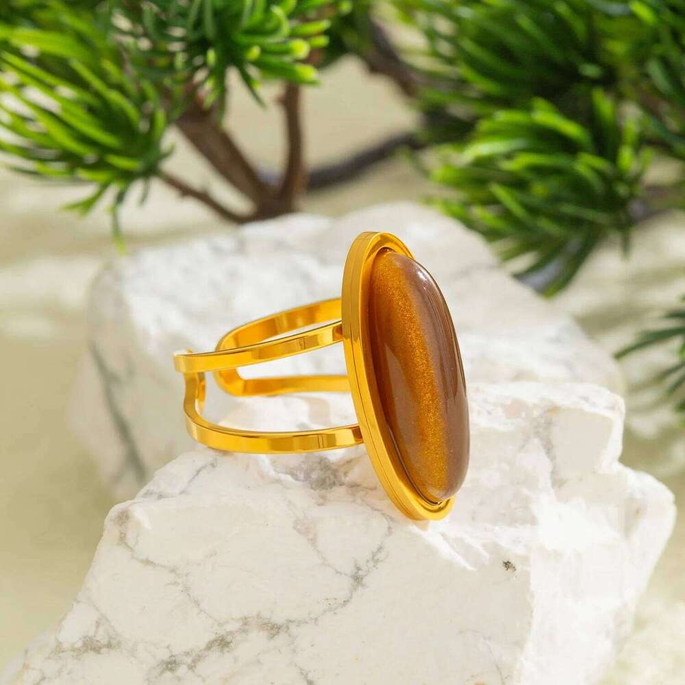 Geometric Oval Ring for Women, Hip Hop Stainless Steel Gold Plated, Hypoallergenic Trendy Jewelry Gift H260312