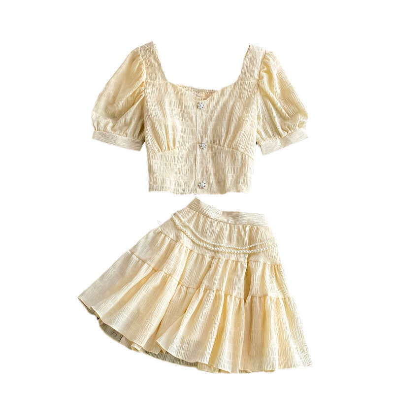 2026 Spring/Summer A13 Designer Women's Fluffy Cake A-line Skirt Two Piece Set High Waist Short Sleeve Top