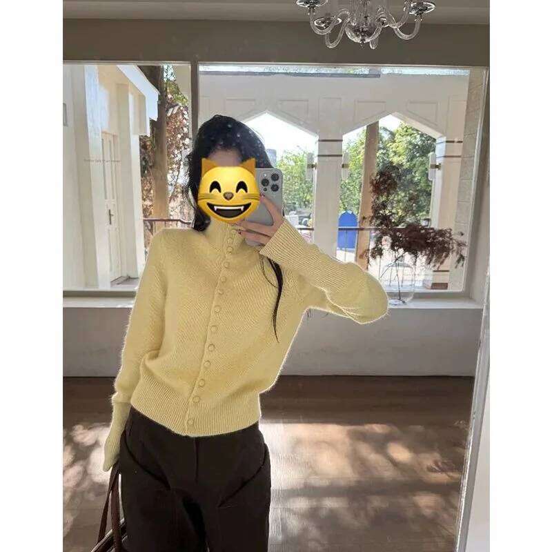 Deeptown White Basic Turtleneck Women Knitted Cardigan Pink Old Money Style Yellow Korean Fashion Sweaters Slim Casual Winter Z260313