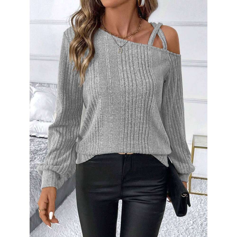 Women's Ribbed off-the-shoulder neck thermal-lined pullover sweater, suitable for daily wear in autumn and winter. Z260313