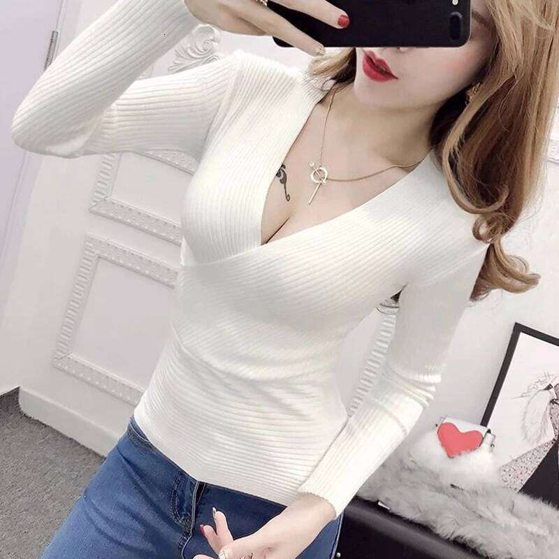 Autumn Winter Basic Sweaters Women Pullovers Long Sleeve Deep V Neck Korean Fashion Clothing Slim White Jumpers Knitwear Tops Z260313