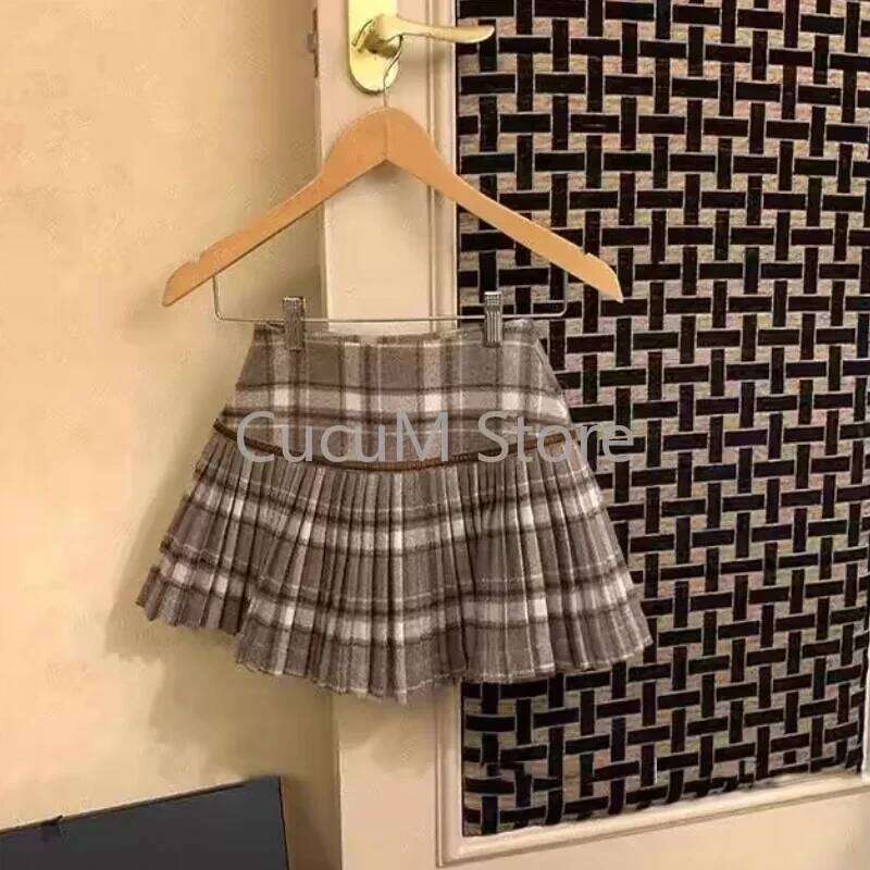 Japanese Retro Spicy Girl Plaid Pleated Autumn Winter College Style Woolen Mini High Waiste Sweet Kawaii Skirt Z260314