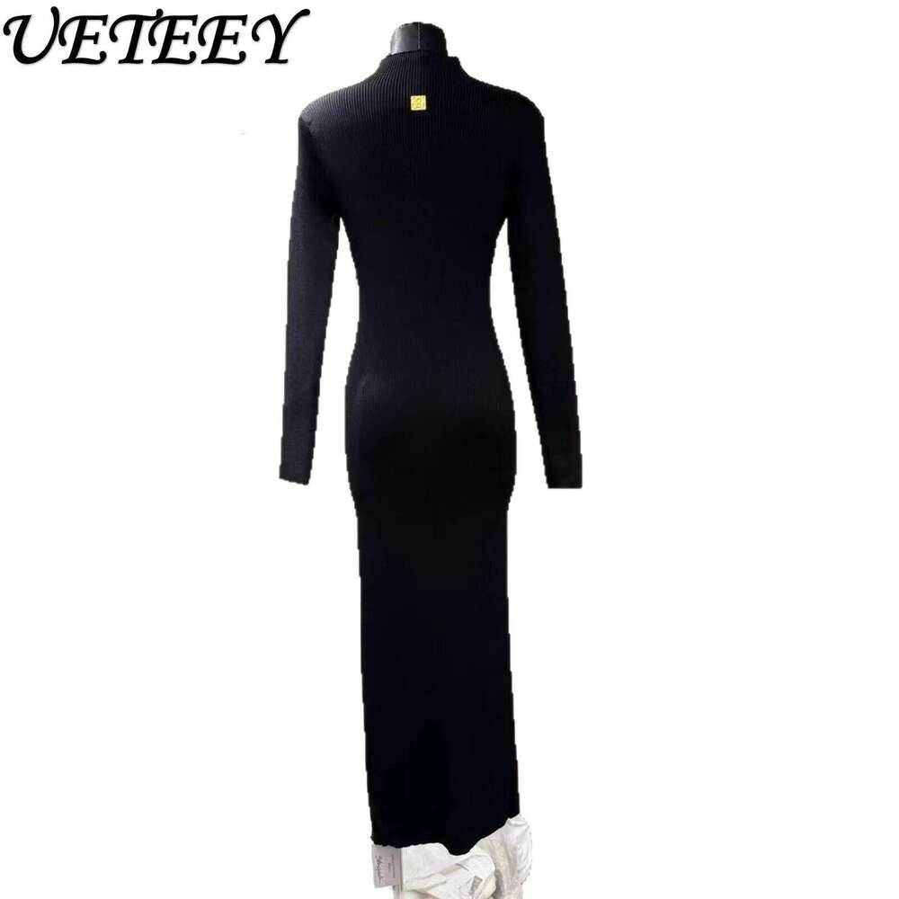 European Clothes Sleeve Waist-Cinching Knitted Long 2025 Autumn New Metal Decoration Black Sweater Dress Women Z260313