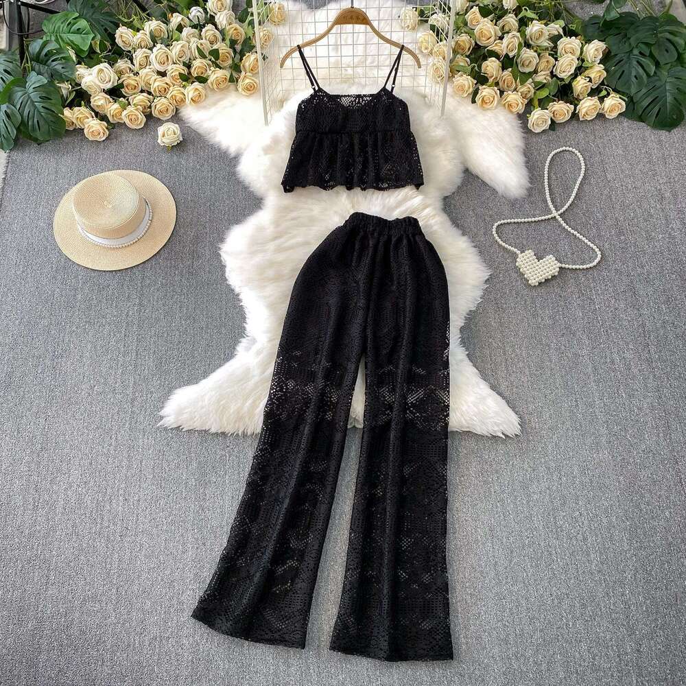2026 designer pure desire style sexy lace hollow V-neck A13 short vest high waist slim fit wide leg pants two-piece set