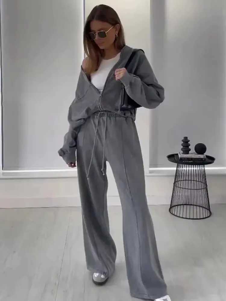 HH Bomber Jacket Pant Set For Women Casual Long Sleeve Zipper Coat Vintage Solid Sweatshirt Suit Autumn Woman Streetwear M260313