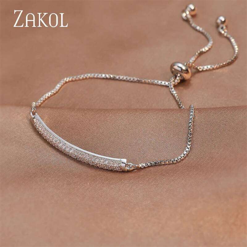 ZAKOL Simple Round Crystal Zirconia Adjustable Chain Bracelet White Gold Color Fashion Jewelry Birthday Gifts for Women Z260313