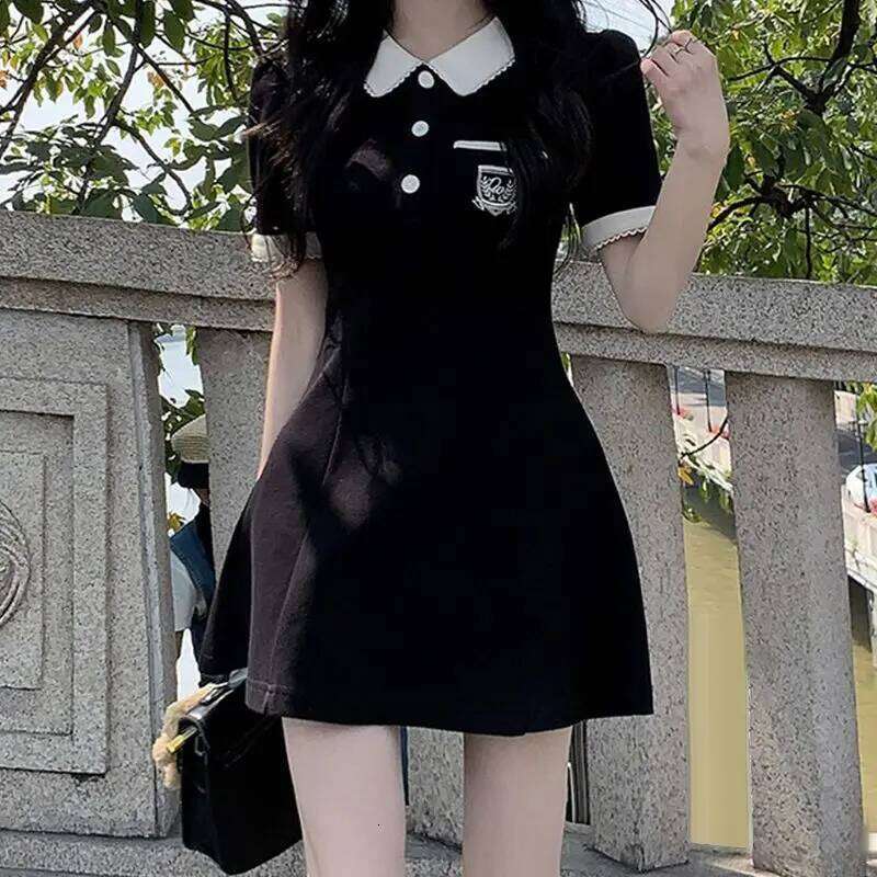 Fashion Contrasting Colors Academic Style Appear Thin Lower Back Printing Temperament Polo Collar Women's Dress Summer 2024 Z260313