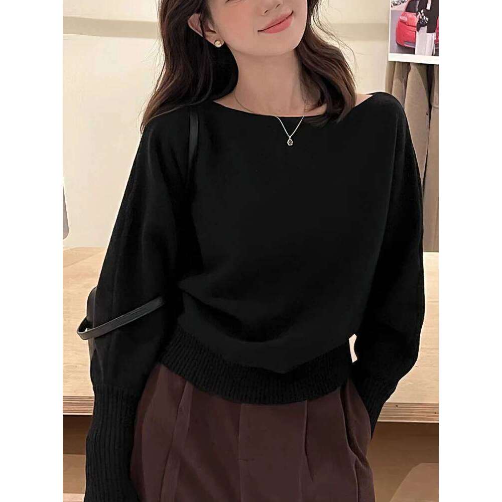 Batwing Long sleeve Knitted Pullover Women 300g Thick Off shoulder Top Korean Fashion Sweater Loose Casual Autumn Outwear Pull Z260313
