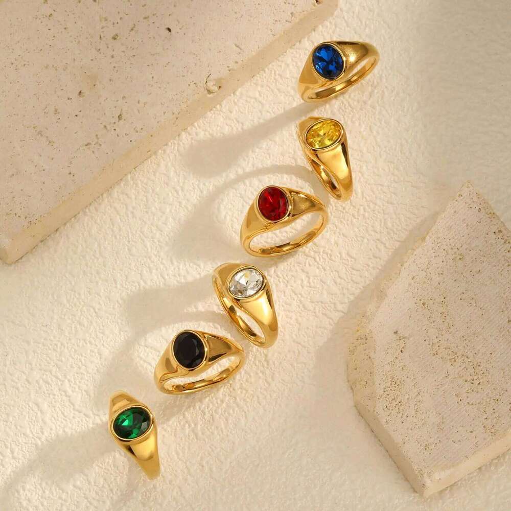 Vnox Minimalist Round Zircon Inlaid Rings For Women Men Stainless Steel Gold Color Elliptical Stone Ring Jewelry Never Lose H260312