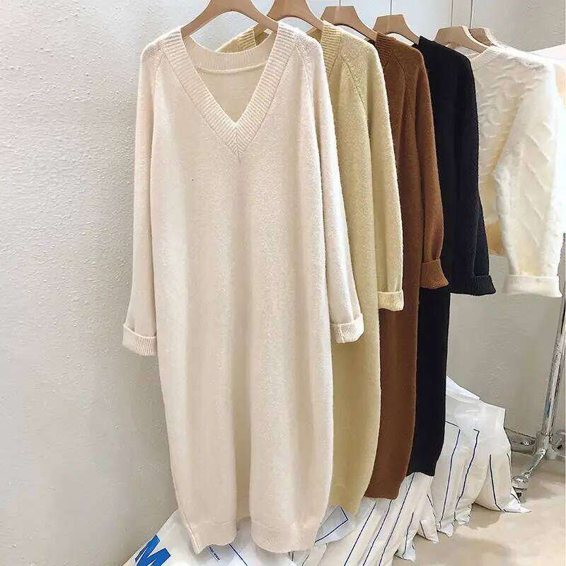 Size 10XL 150kg High Quality Sweater for Women Solid Color V Neck Pullover Thick Autumn and Winter Long Dress Z260314