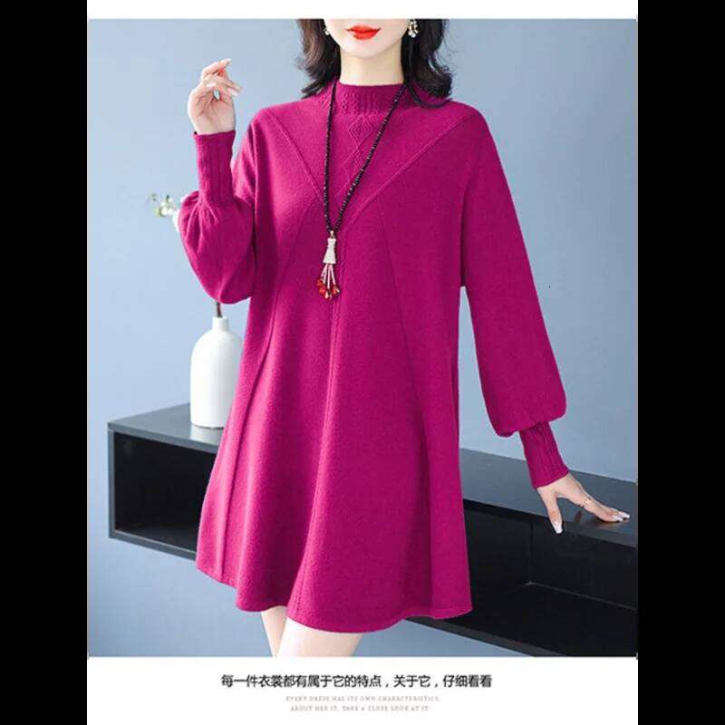 Mid-length Sweater for Women Spliced pullover Round Neck Bottoming Knitted Autumn and Winter New Loose A-line Dresses Z260314
