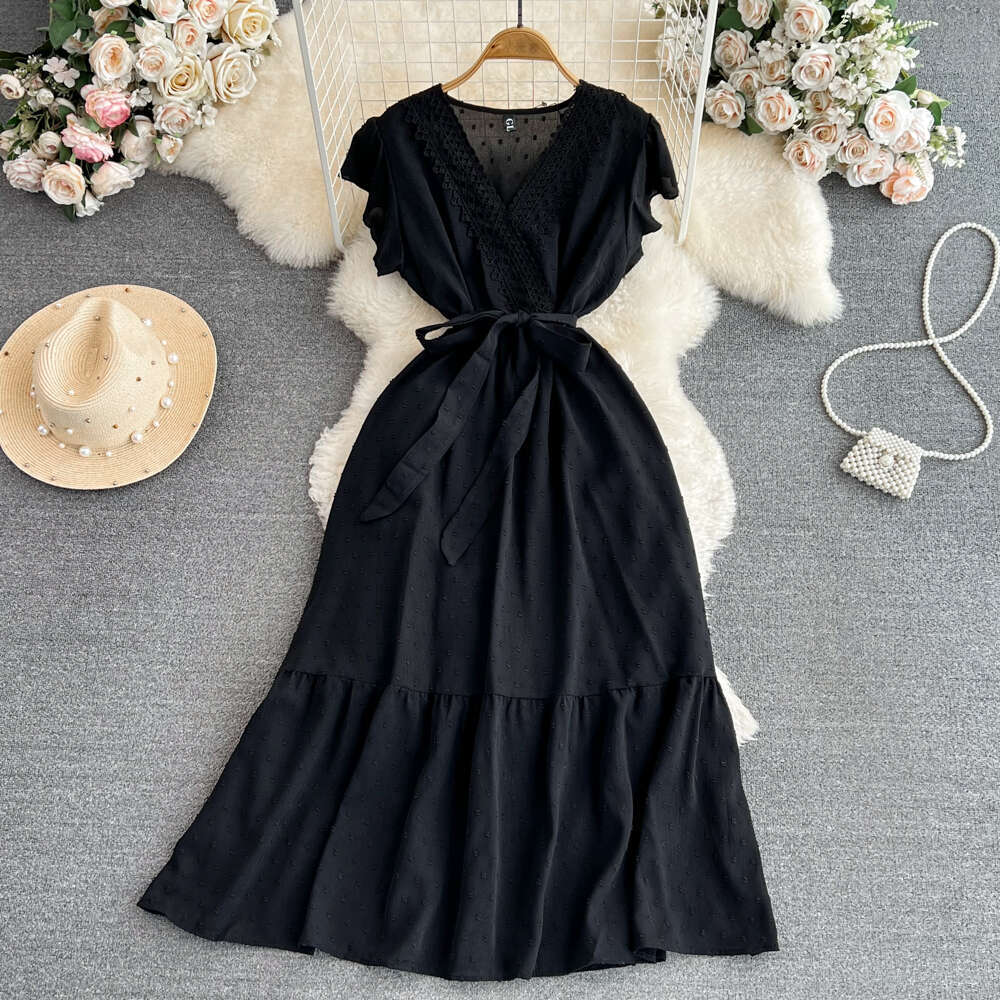 Fashionable women's bubble sleeve V-neck waist cinching tie waist A-line pleated chiffon dress elegant long style