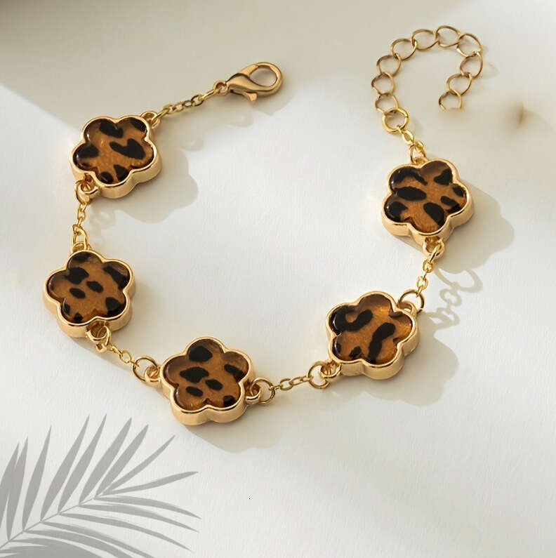 Women Jewelry Bracelets Charm Bracelets Bohemian Style Leopard Print Five-Leaf Clover Stainless Steel Fashion Charm Women Bracelet